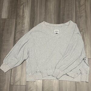 American Eagle Big Hug Waffle V-Neck Sweater - Gray